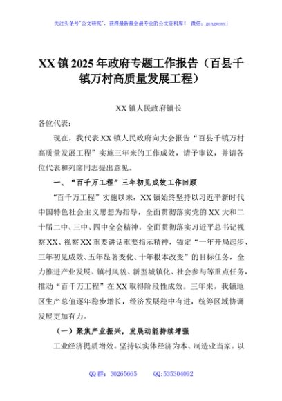 XX镇2025年政府专题工作报告（百县千镇万村高质量发展工程）