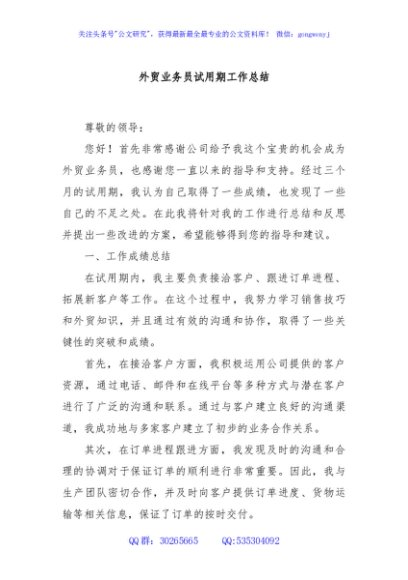 外贸业务员试用期工作总结