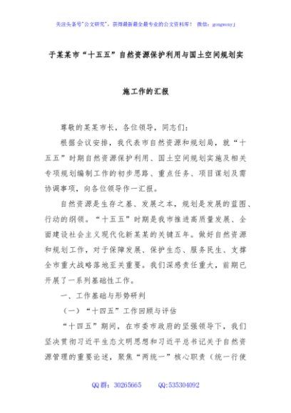 于某某市“十五五”自然资源保护利用与国土空间规划实施工作的汇报
