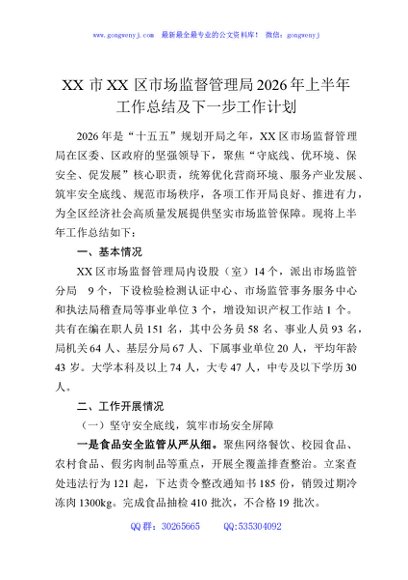 XX市XX区市场监督管理局2026年上半年工作总结及下一步工作计划