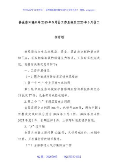 县生态环境分局2025年5月份工作总结及2025年6月份工作计划