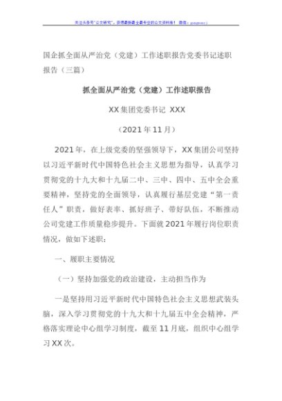 国企抓全面从严治党（党建）工作述职报告党委书记述职报告（三篇）