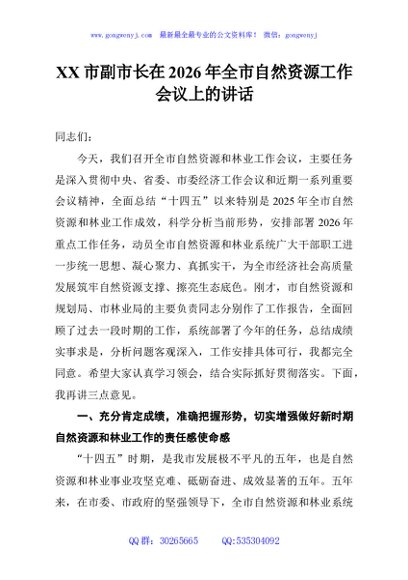 XX市副市长在2026年全市自然资源工作会议上的讲话