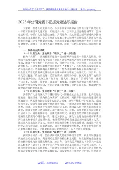 2023年公司党委书记抓党建述职报告