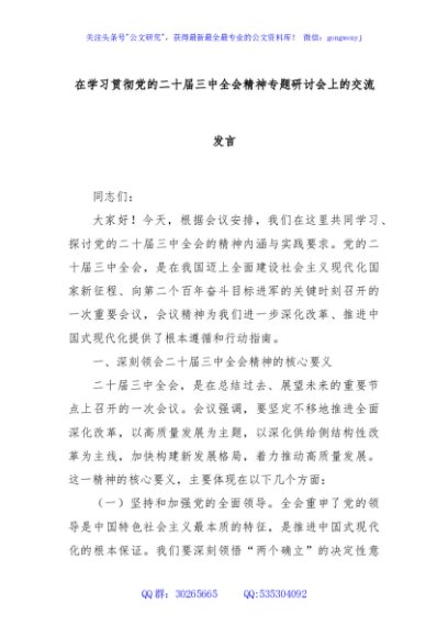 在学习贯彻党的二十届三中全会精神专题研讨会上的交流发言