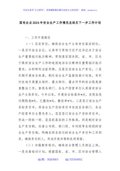 国有企业2024年安全生产工作情况总结及下一步工作计划