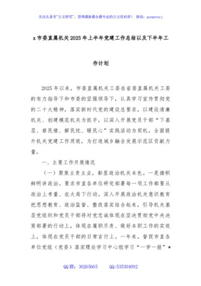 x市委直属机关2025 年上半年党建工作总结以及下半年工作计划