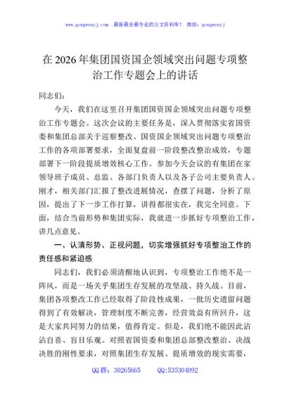 在2026年集团国资国企领域突出问题专项整治工作专题会上的讲话