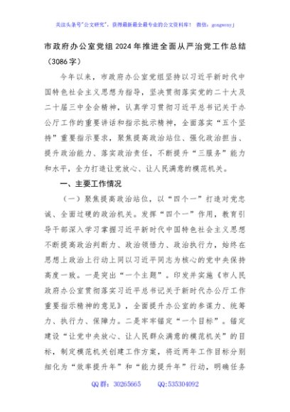 市政府办公室党组2024年推进全面从严治党工作总结（3086字）