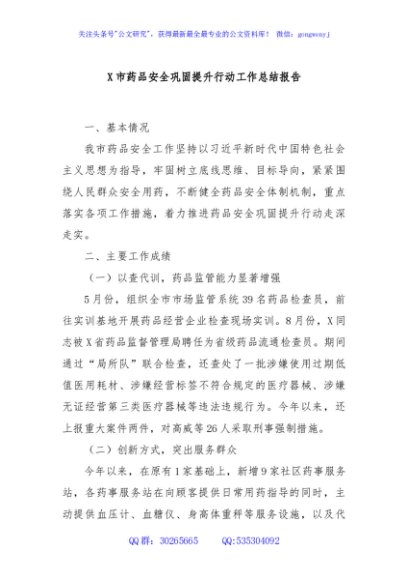 X市药品安全巩固提升行动工作总结报告