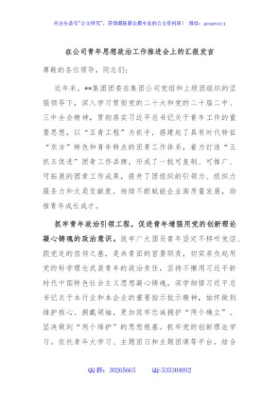 在公司青年思想政治工作推进会上的汇报发言