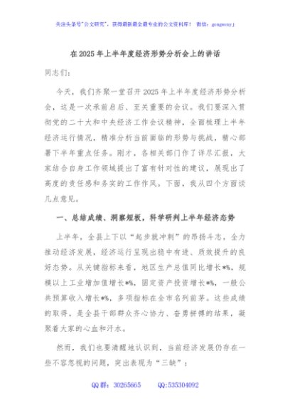 在2025年上半年度经济形势分析会上的讲话