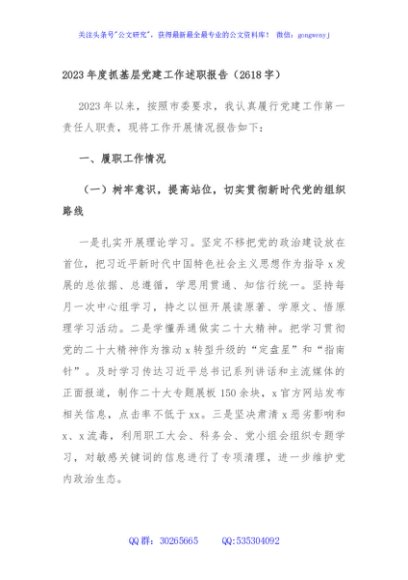 2023年度抓基层党建工作述职报告