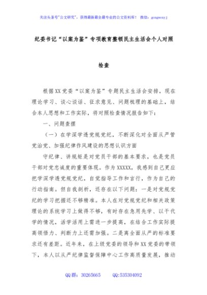 纪委书记“以案为鉴”专项教育整顿民主生活会个人对照检查