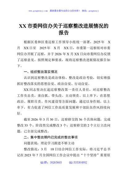 XX市委网信办关于巡察整改进展情况的报告