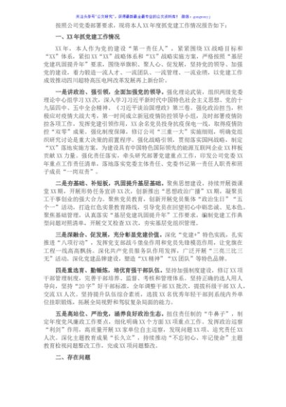 公司党委书记XX年度抓党建述职报告