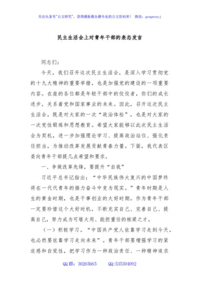 民主生活会上对青年干部的表态发言