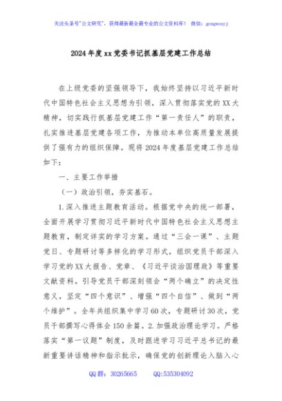 2024年度xx党委书记抓基层党建工作总结