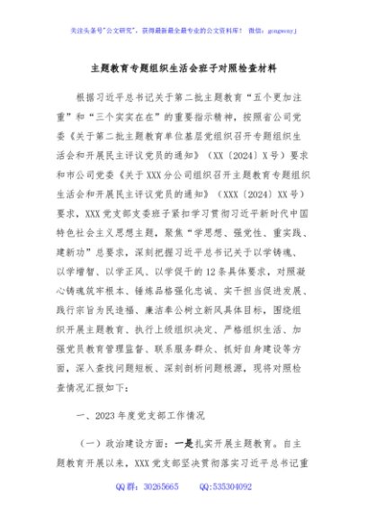 主题教育专题组织生活会班子对照检查材料