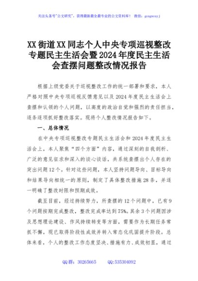 XX街道XX同志个人中央专项巡视整改专题民主生活会暨2024年度民主生活会查摆问题整改情况报告