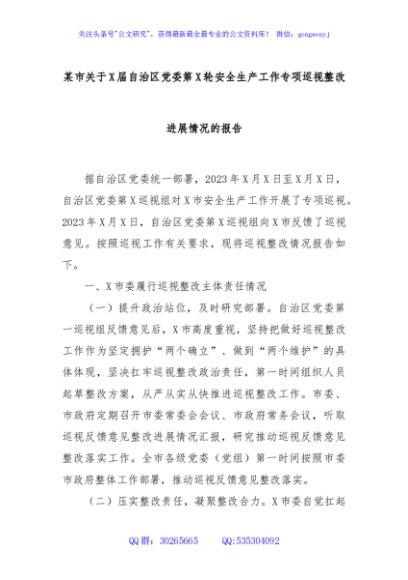 某市关于X届自治区党委第X轮安全生产工作专项巡视整改进展情况的报告