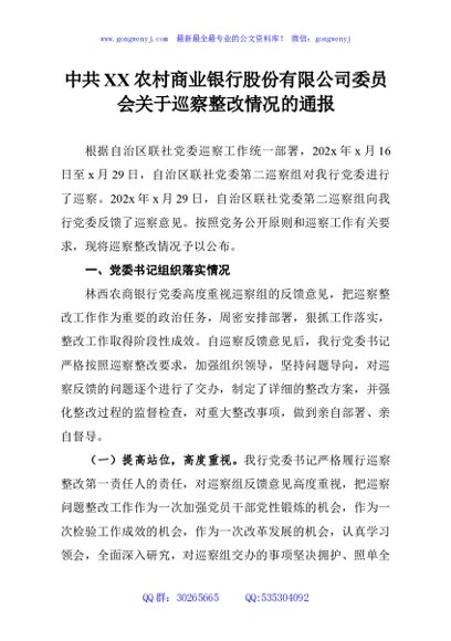 中共XX农村商业银行股份有限公司委员会关于巡察整改情况的通报