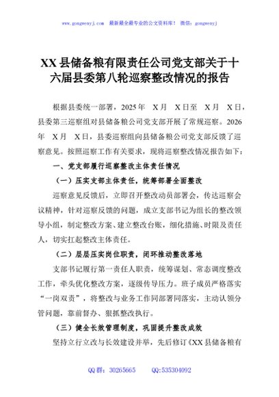 XX县储备粮有限责任公司党支部关于十六届县委第八轮巡察整改情况的报告