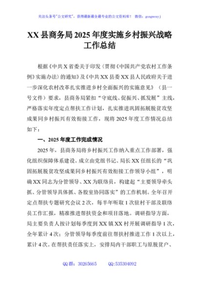 XX县商务局2025年度实施乡村振兴战略工作总结