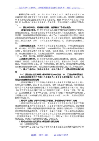 市政府机关幼儿园支部巡察整改进展情况的报告