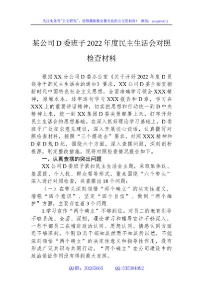 某公司党委班子xx年度民主生活会对照检查材料