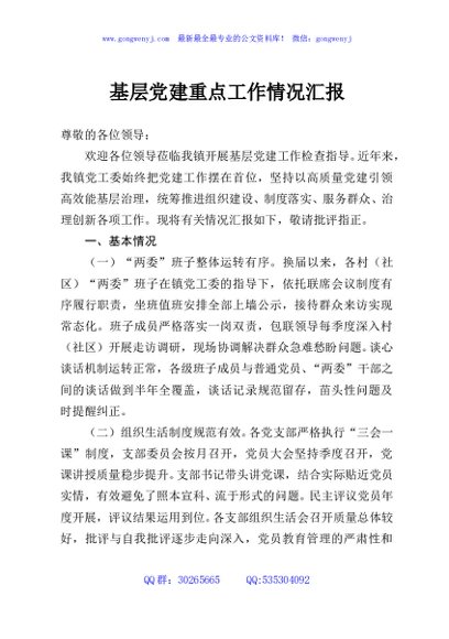 基层党建重点工作情况汇报