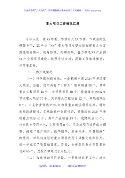 重大项目工作情况汇报