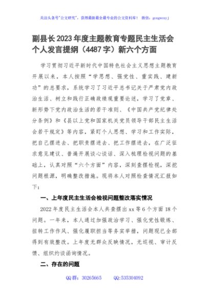 副县长2023年度主题教育专题民主生活会个人发言提纲（践行宗旨等6个方面）