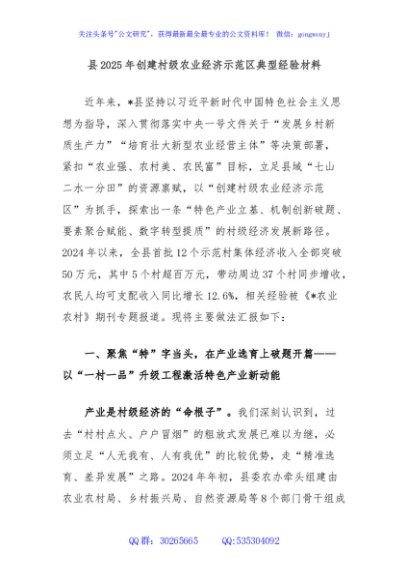 县2025年创建村级农业经济示范区典型经验材料