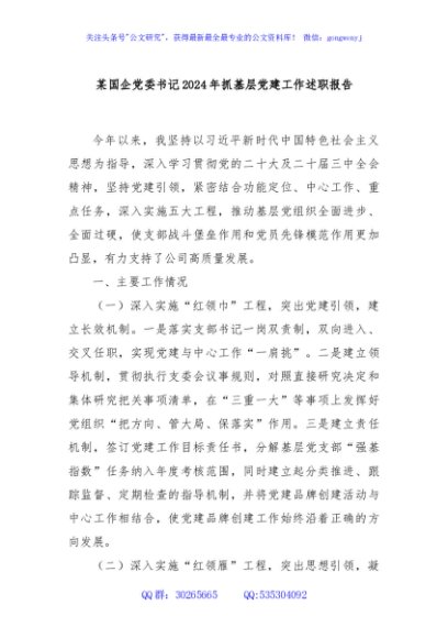某国企党委书记2024年抓基层党建工作述职报告
