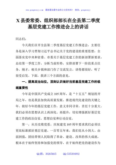 X县委常委、组织部部长在全县第二季度基层党建工作推进会上的讲话