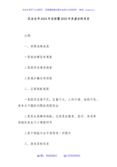 区在全市2024年总结暨2025年务虚会的发言