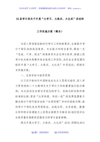 XX县审计局关于开展“大学习、大练兵、大比武”活动的工作实施方案（精品）