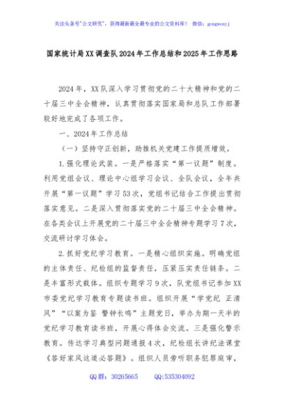 国家统计局XX调查队2024年工作总结和2025年工作思路