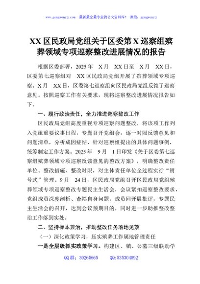 XX区民政局党组关于区委第X巡察组殡葬领域专项巡察整改进展情况的报告