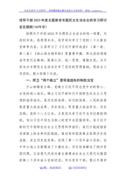（会前）主题教育专题民主生活会会前学习研讨发言提纲