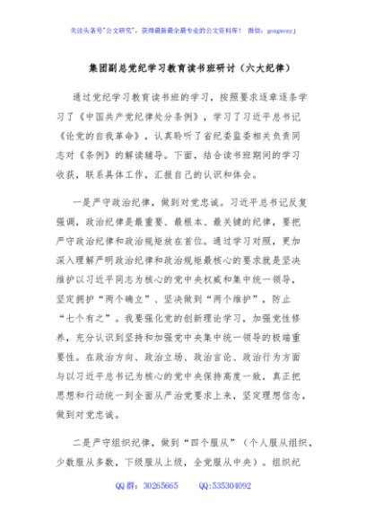 集团副总党纪学习教育读书班研讨（六大纪律）