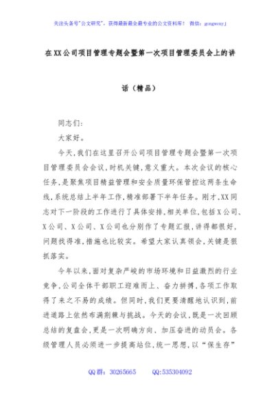 在XX公司项目管理专题会暨第一次项目管理委员会上的讲话（精品）
