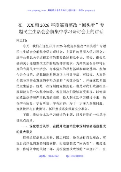在XX镇2026年度巡察整改“回头看”专题民主生活会会前集中学习研讨会上的讲话