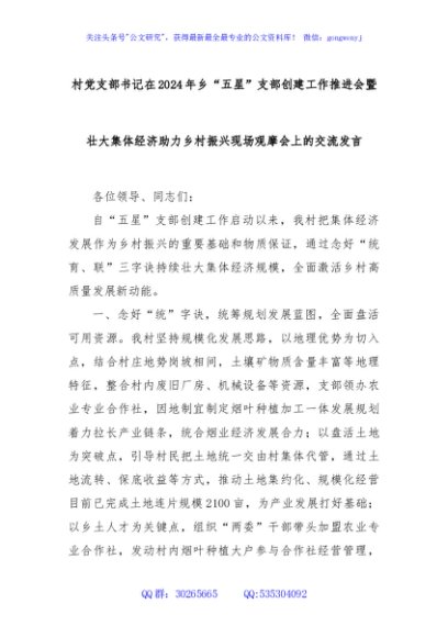 村党支部书记在2024年乡“五星”支部创建工作推进会暨壮大集体经济助力乡村振兴现场观摩会上的交流发言