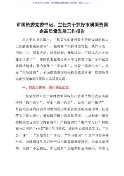 市国资委党委书记、主任关于抓好市属国资国企高质量发展工作报告