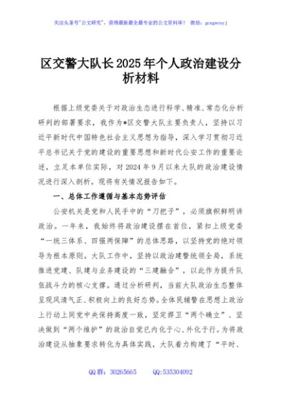 区交警大队长2025年个人政治建设分析材料