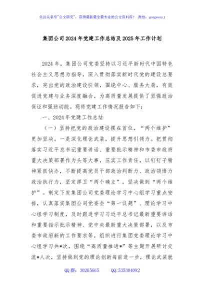 集团公司2024年党建工作总结及2025年工作计划