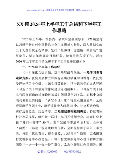 XX镇2026年上半年工作总结和下半年工作思路