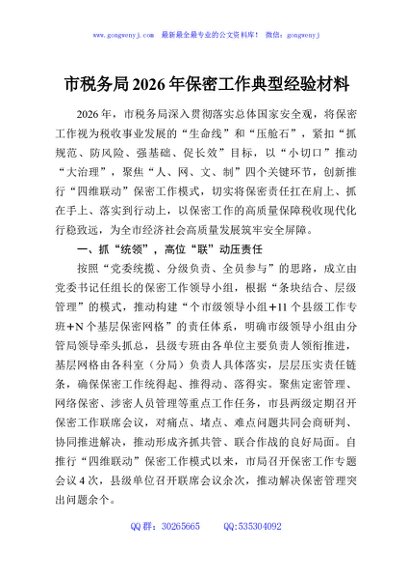 市税务局2026年保密工作典型经验材料